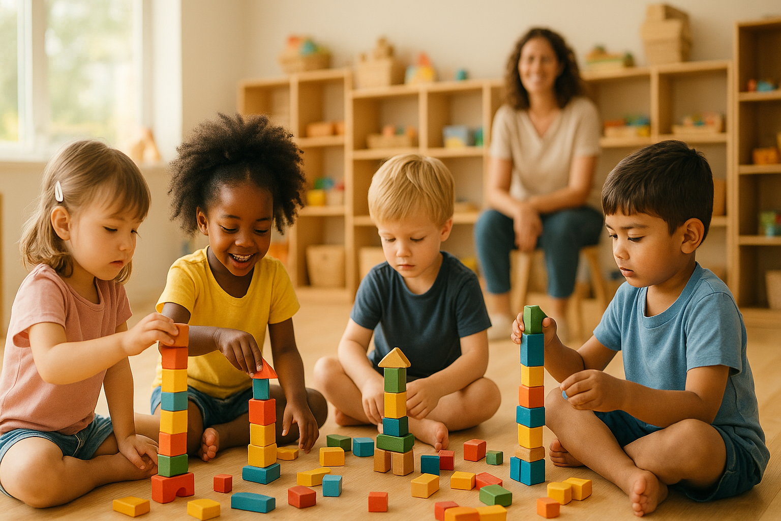 Children playing with blocks in a bright classroom